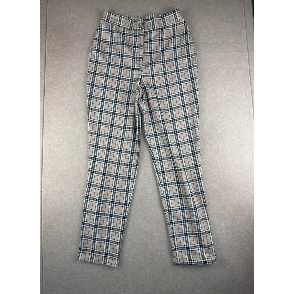 Nasty Gal Pants Womens US Size 6‎ Beige Plaid High Rise UK Made